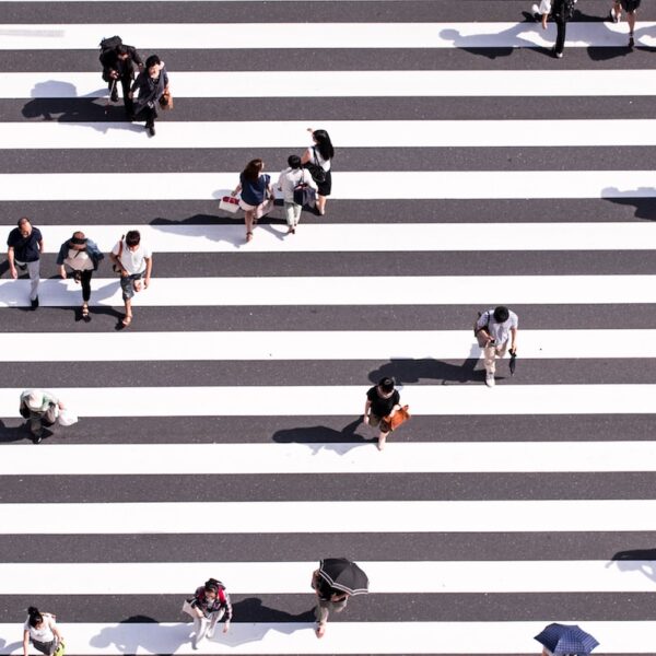 aerial view photography of group of people walking on gray and white pedestrian lane